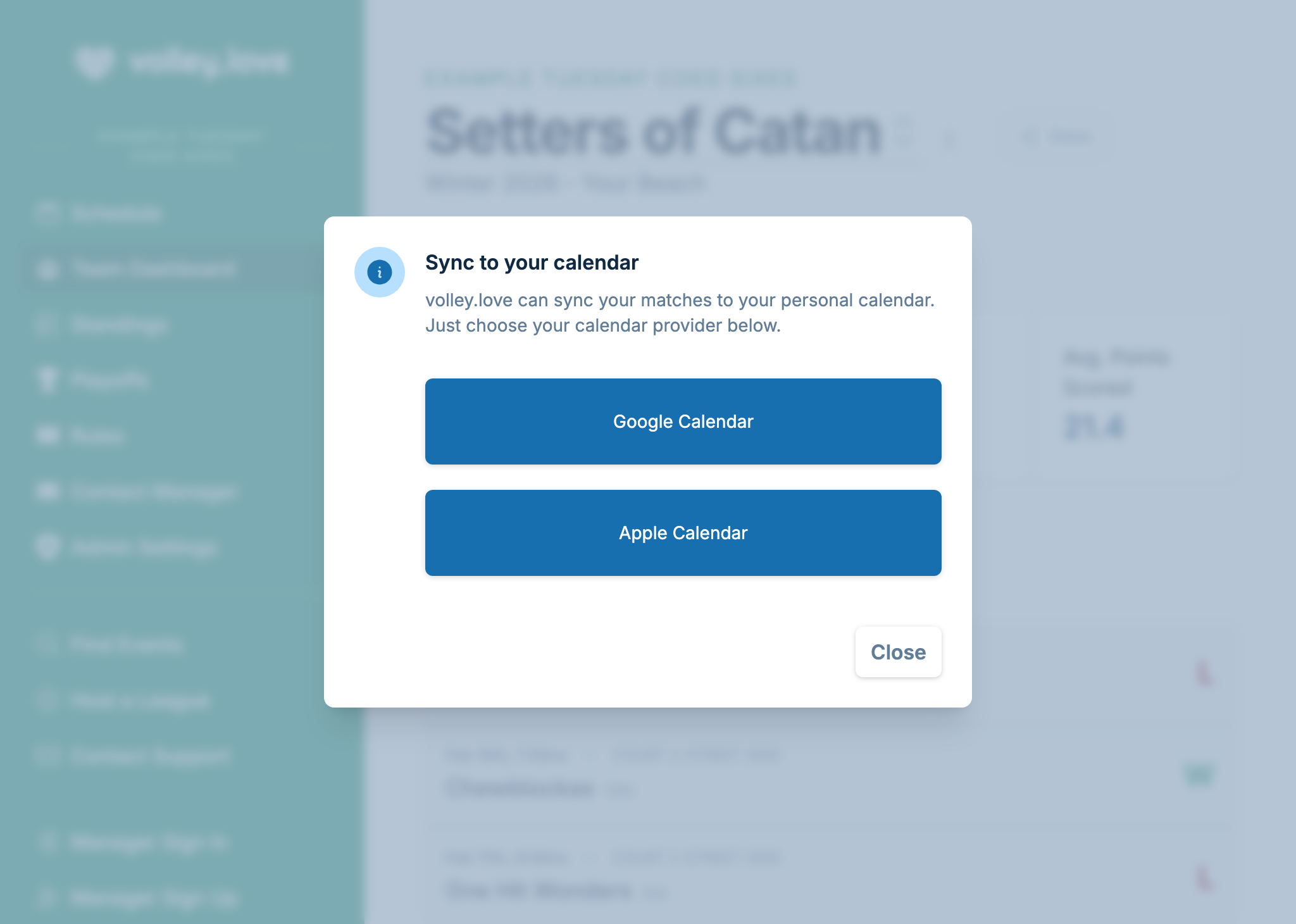 A screenshot showing the options of subscribing to a team calendar, which allows syncing to Google Calendar and Apple Calendar