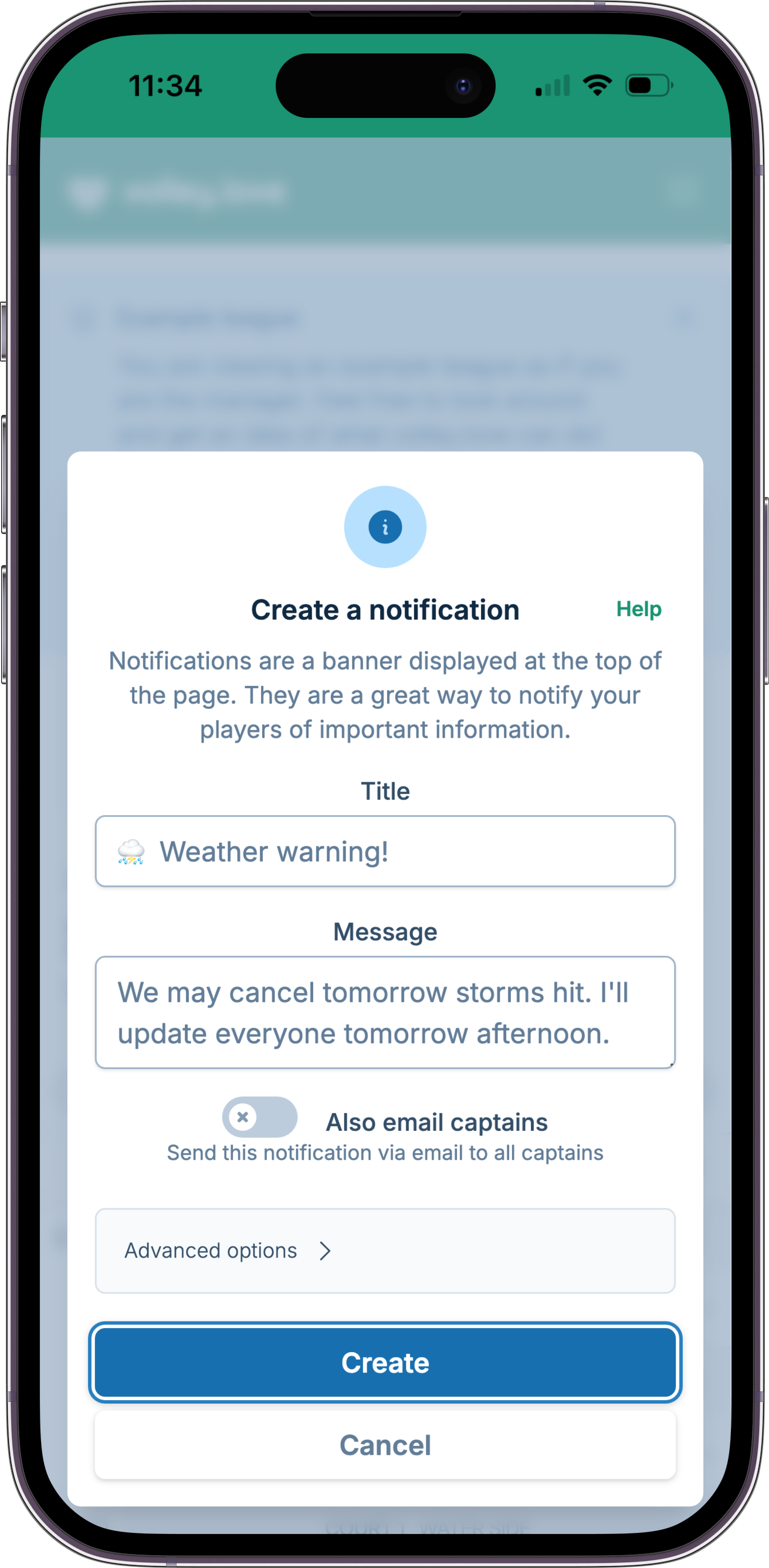 A screenshot showing the notification creation form, where a manager is notifying captains matches may be canceled if the radar doesn't improve