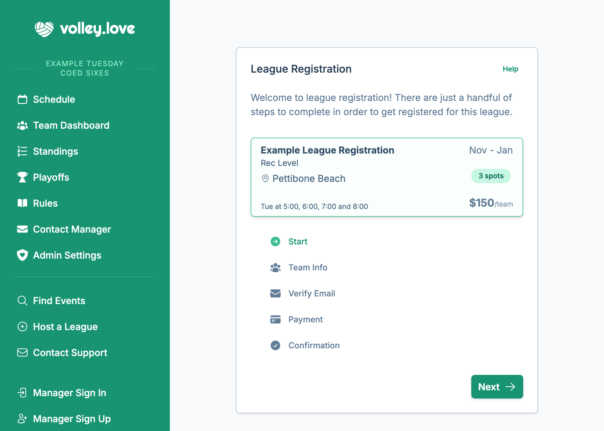 A screenshot of the team registration experience