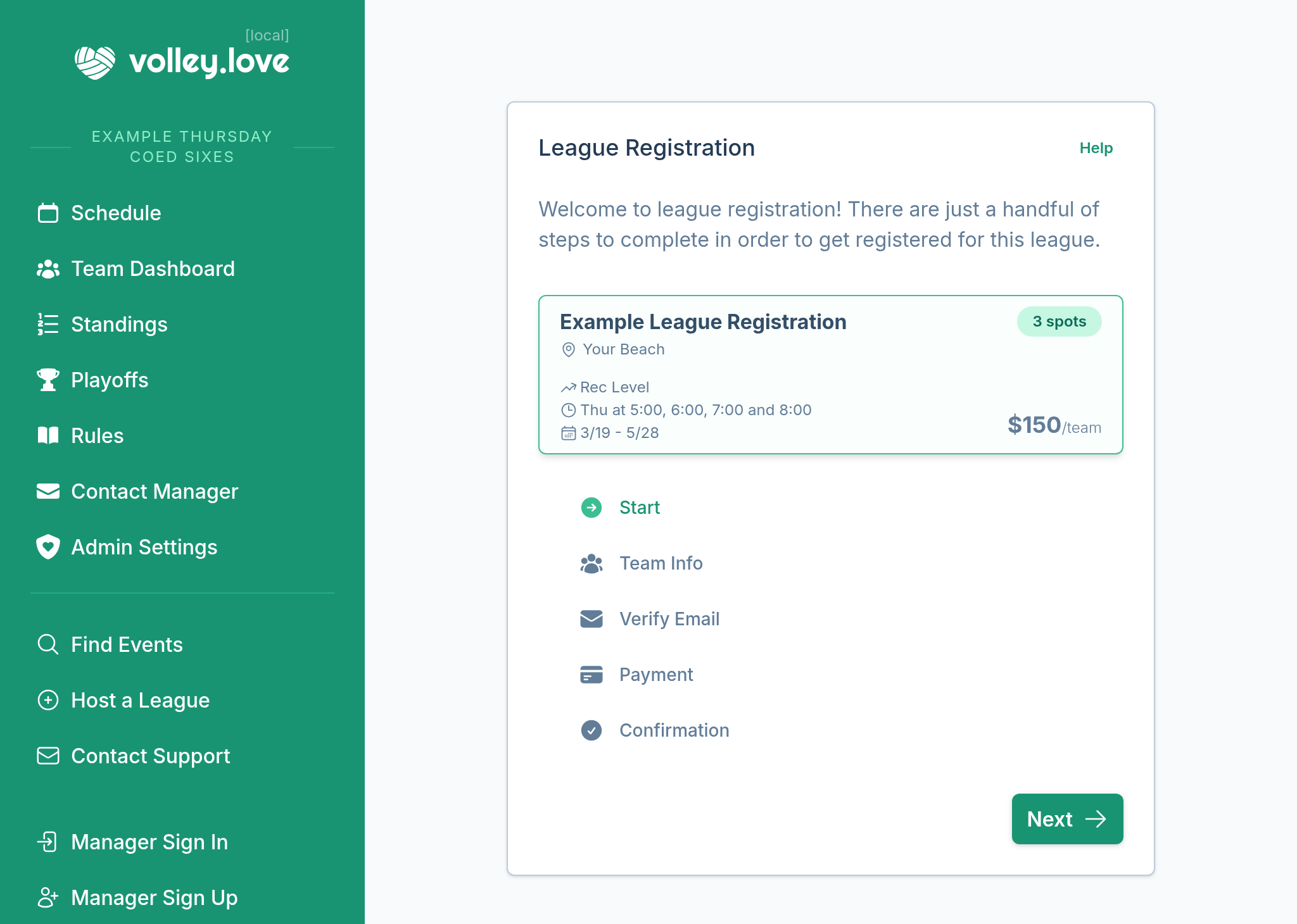 A screenshot of the team registration experience