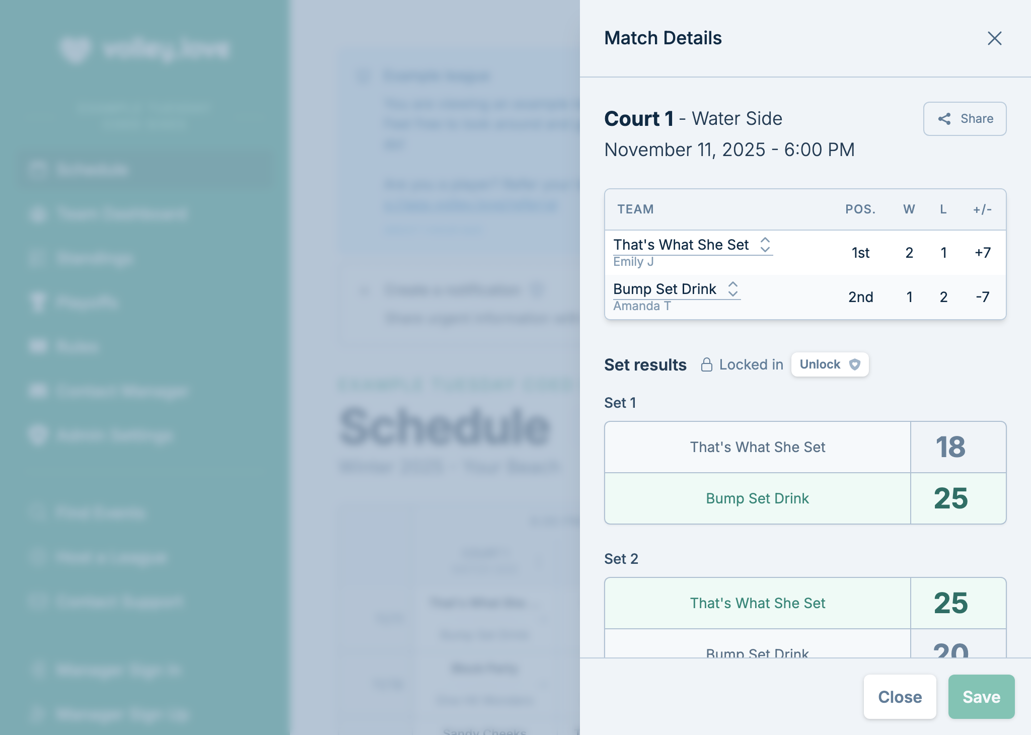 A screenshot of an email sent by the volley.love service that reminds captains to enter their scores after a match completes