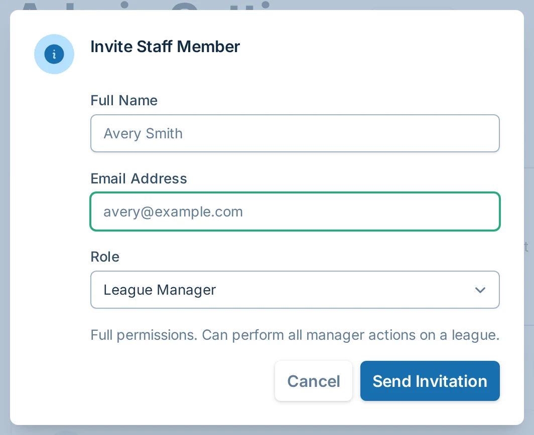 Invite staff member dialog in volley.love, a volleyball staff permissions tool