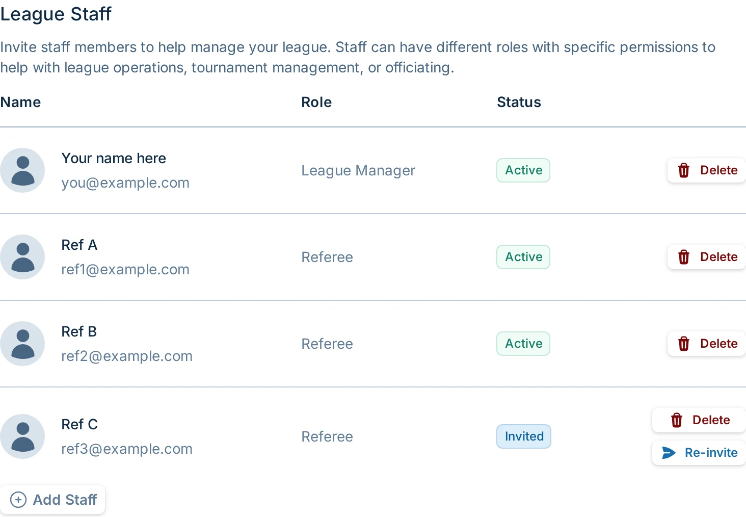 Admin Settings staff and permissions tab in volley.love, a volleyball league admin control panel