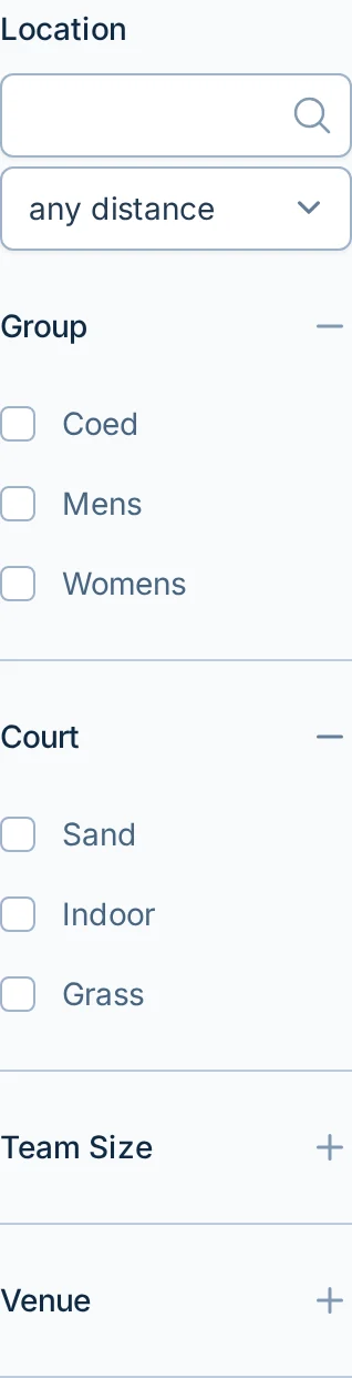 League finder filters in volley.love, a volleyball league search page