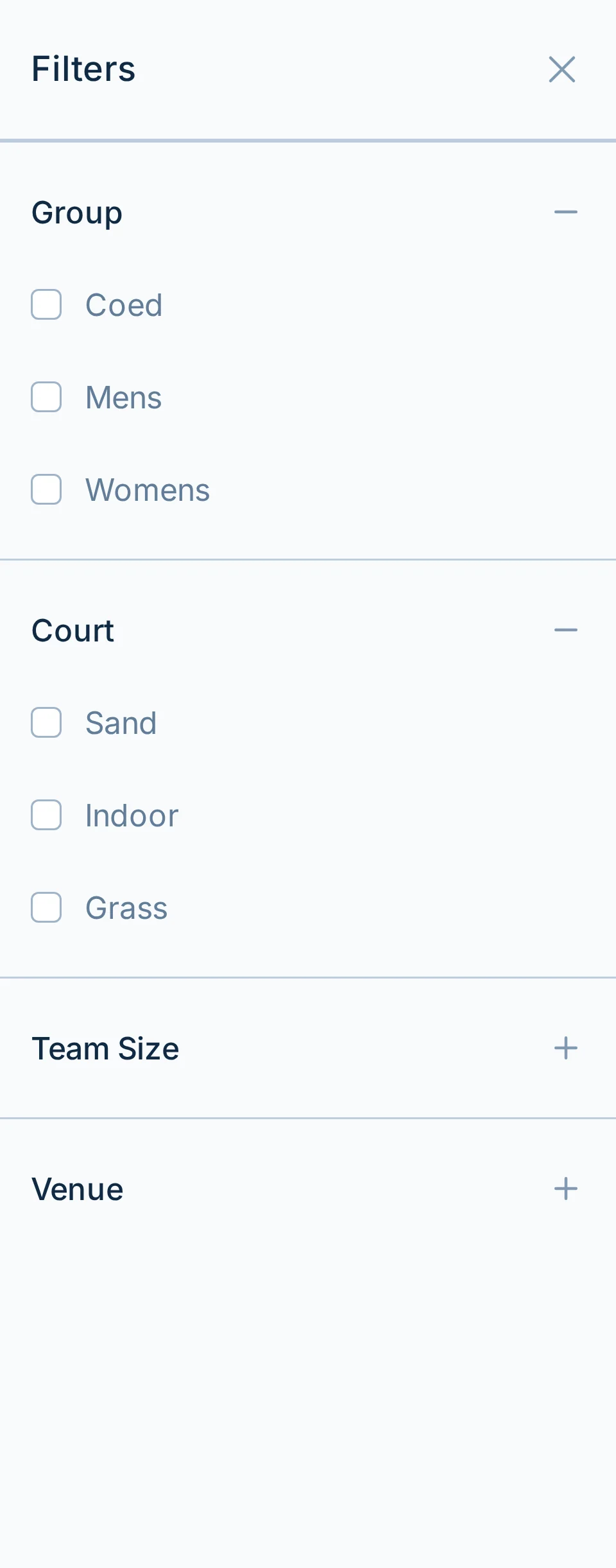 Mobile league finder filters in volley.love, a volleyball league search page