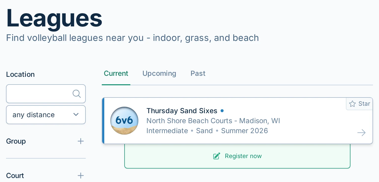 Find Leagues page in volley.love, a volleyball league discovery and registration app