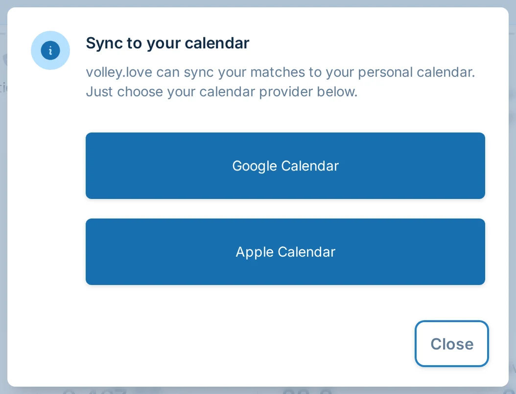Calendar sync dialog on the volley.love team dashboard for a volleyball league