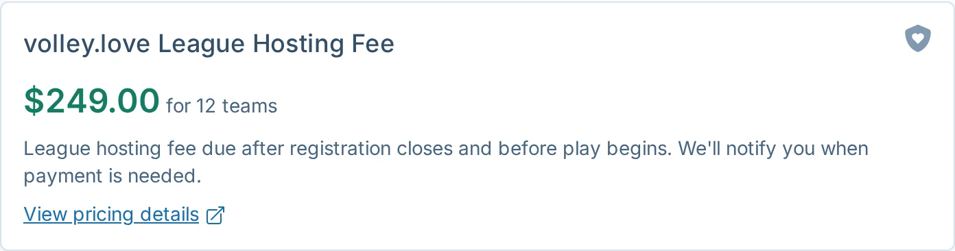 League hosting fee summary in volley.love, a volleyball league management billing screen