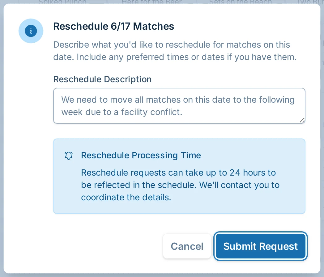 Request all matches on one date to be rescheduled in volley.love, a volleyball schedule management app