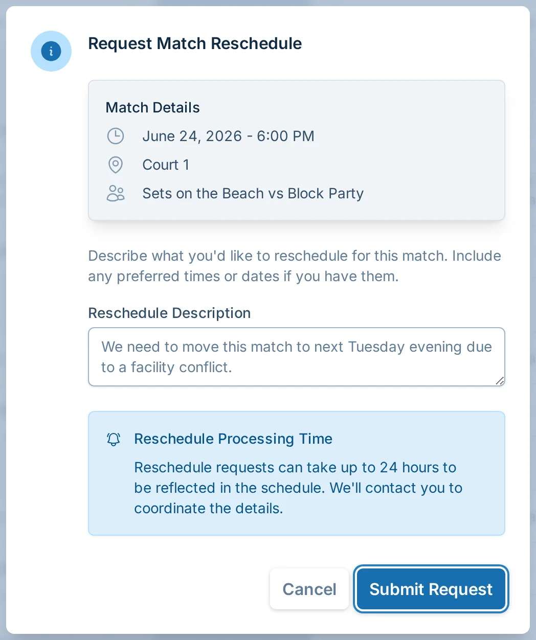 Request match reschedule dialog in volley.love, a volleyball scheduling tool for league managers