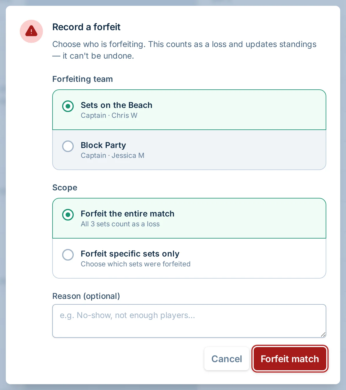 Forfeit or no-show dialog in volley.love, a volleyball league score reporting app