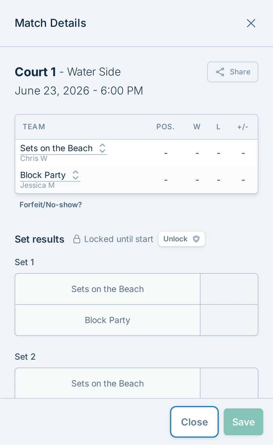Locked score reporting form in volley.love, a volleyball league score reporting app
