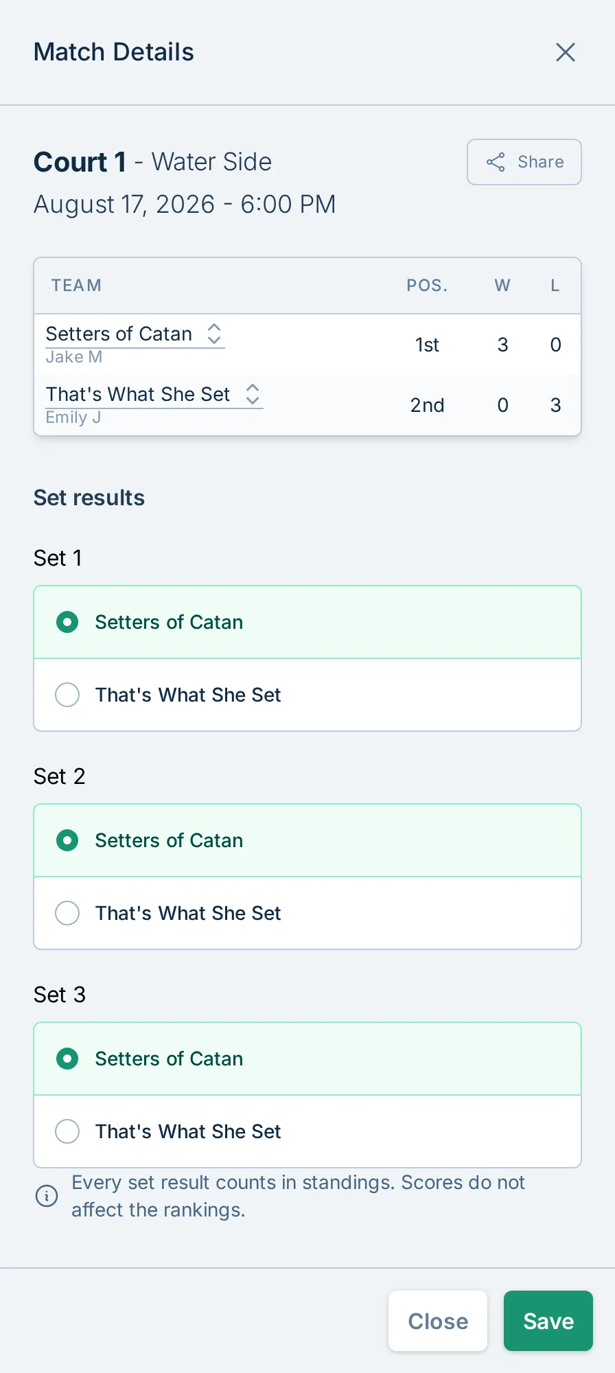 Result entry without numeric scores