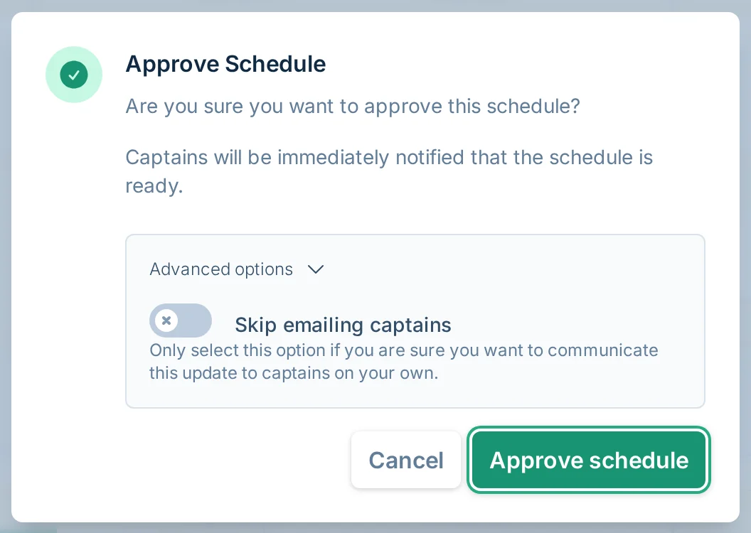 Approve Schedule dialog in volley.love, a volleyball scheduling review tool for league managers