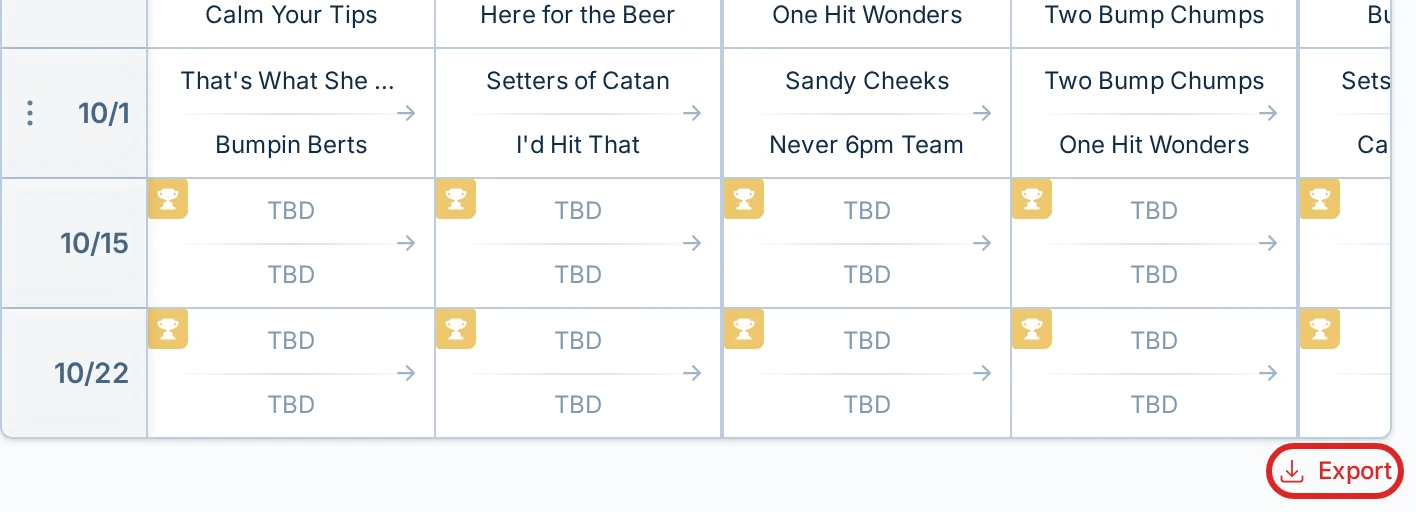 The Export control below a league schedule in volley.love