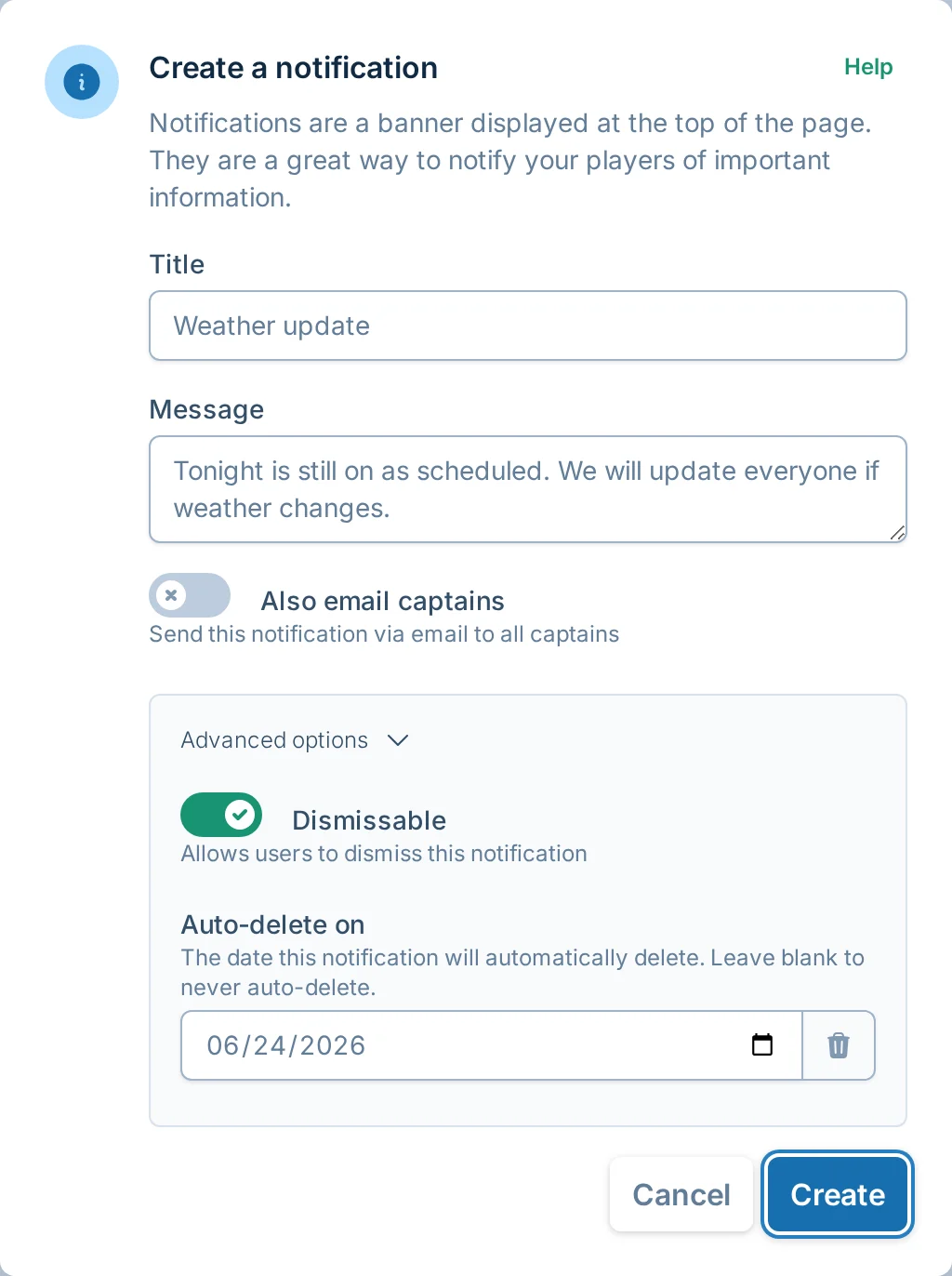 Notification advanced options in volley.love, a volleyball league manager communication tool