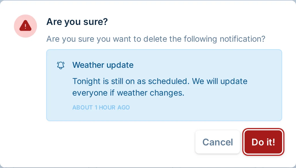 Delete notification confirmation in volley.love, a volleyball league manager communication tool