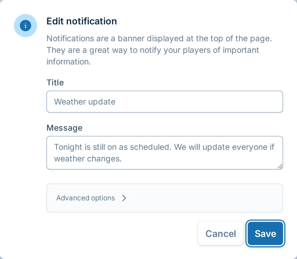 Edit notification dialog in volley.love, a volleyball league manager communication tool