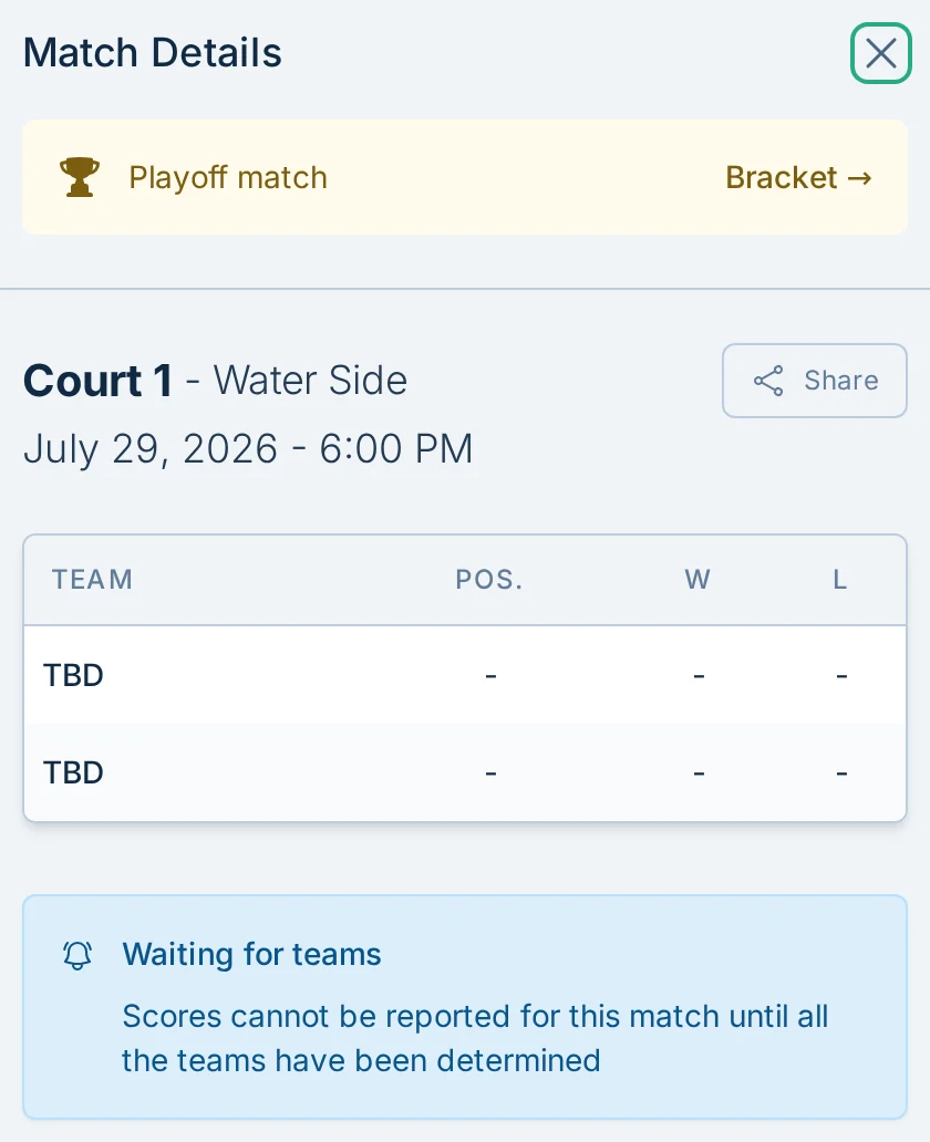 Playoff match details with a bracket link in volley.love, a volleyball score reporting app