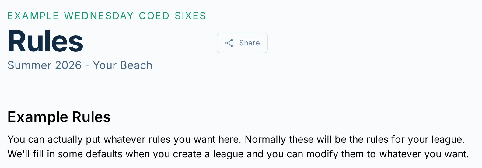 Rules page in volley.love, a volleyball league management app